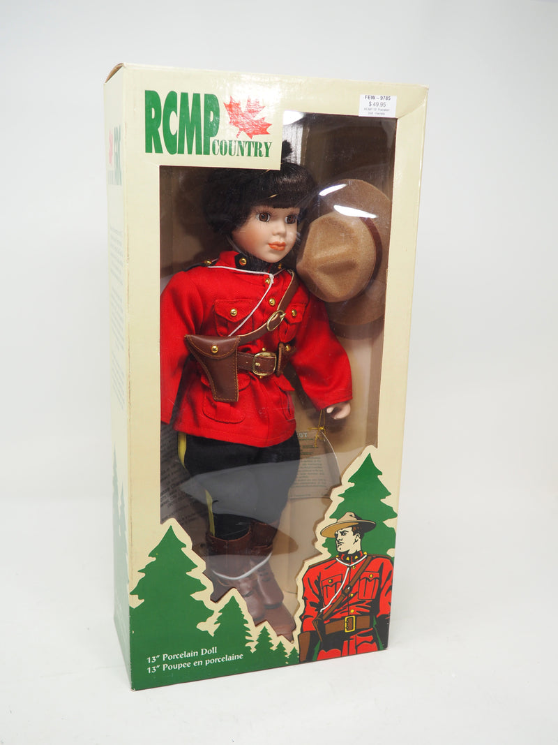 13" Tall RCMP/Mountie Porcelain Doll w/ Stand & Brass Name Plate (Female)