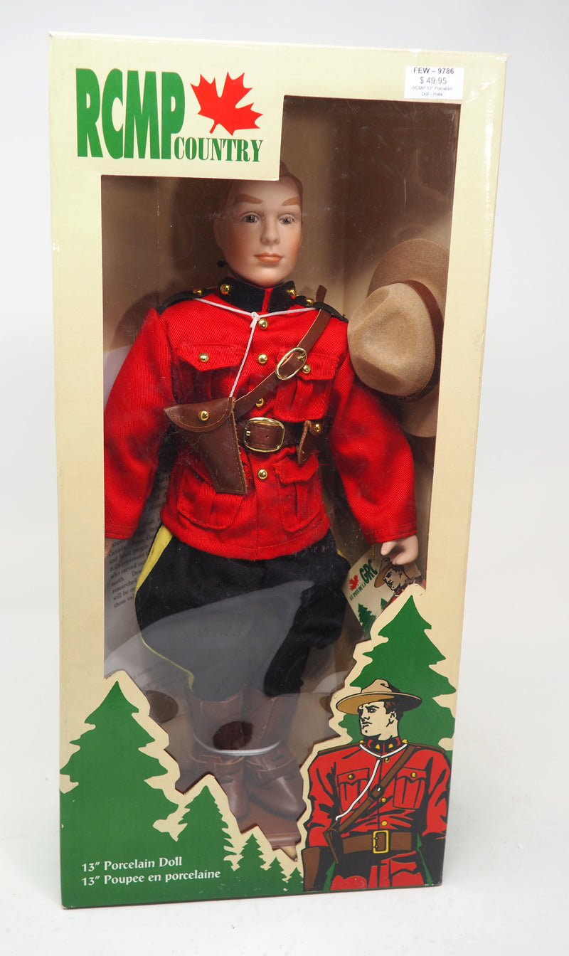 13" Tall RCMP/Mountie Porcelain Doll w/ Stand & Brass Name Plate