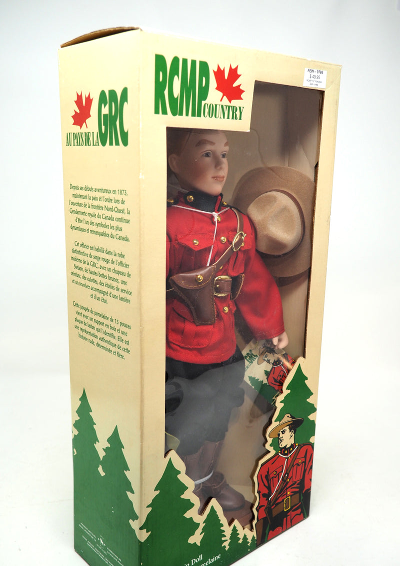 13" Tall RCMP/Mountie Porcelain Doll w/ Stand & Brass Name Plate