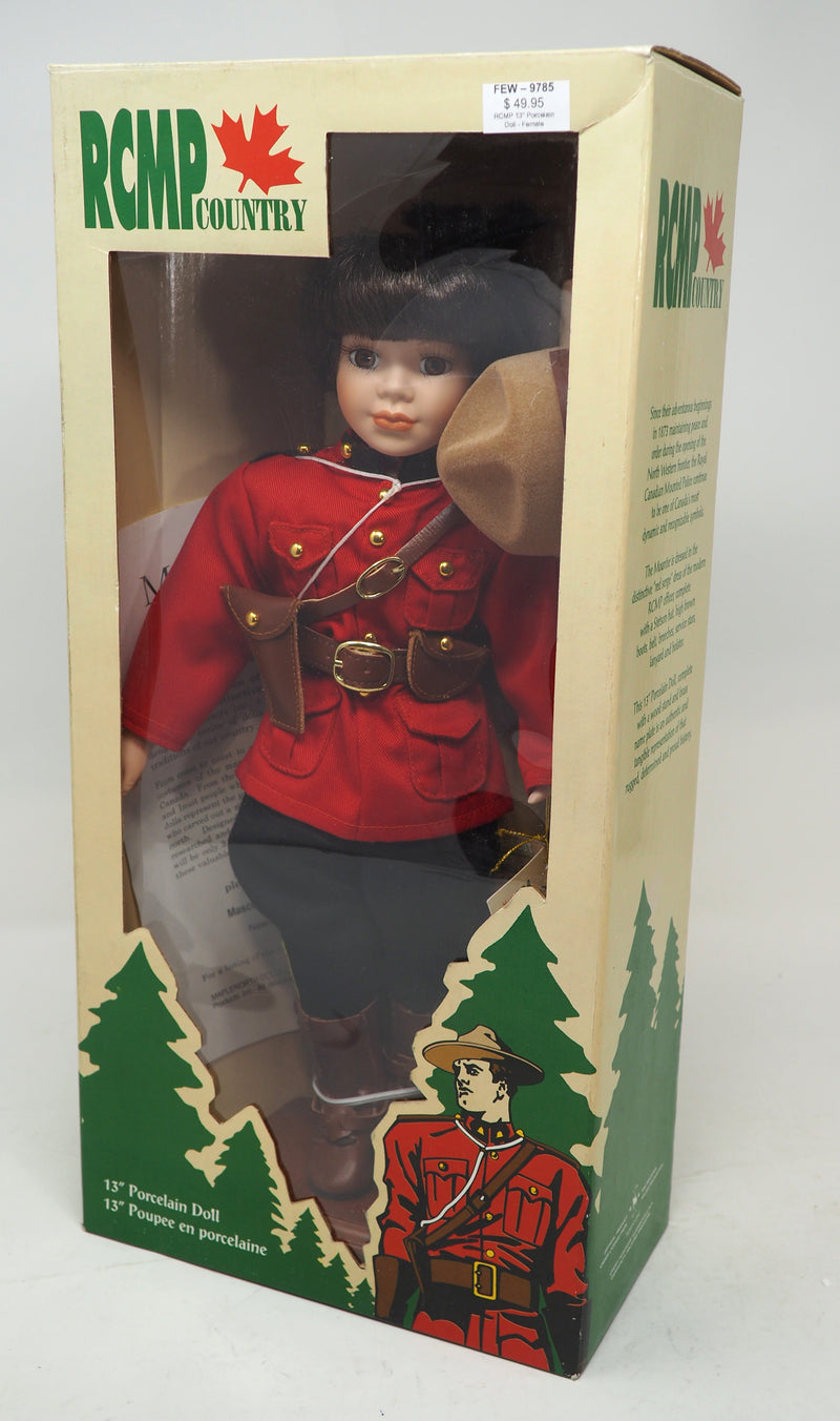 13" Tall RCMP/Mountie Porcelain Doll w/ Stand & Brass Name Plate (Female)