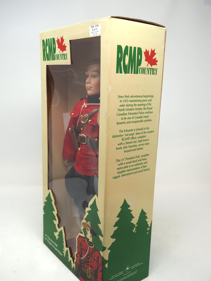 13" Tall RCMP/Mountie Porcelain Doll w/ Stand & Brass Name Plate