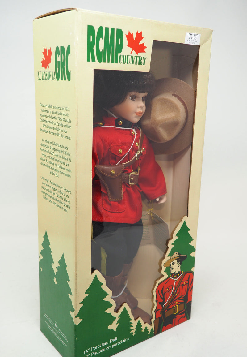 13" Tall RCMP/Mountie Porcelain Doll w/ Stand & Brass Name Plate (Female)