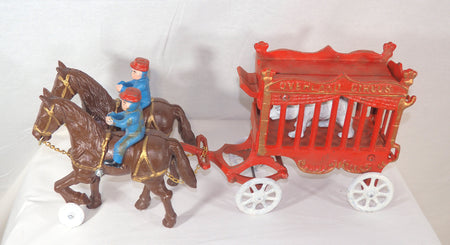 Vintage Kenton Cast Iron Overland Circus Wagon w/ Bear, 2 Riders & 2 Horses