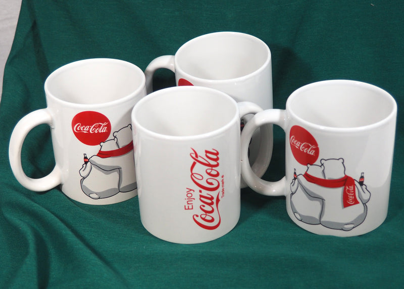 Set of 4 Coca-Cola 2 Polar Bears Hugging White 10oz Ceramic Coffee Mugs
