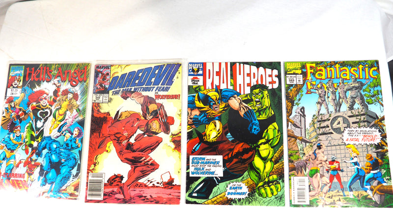 4 Vintage Marvel Comics including Hell's Angel, DareDevil, Real Heroes and Fantastic Four