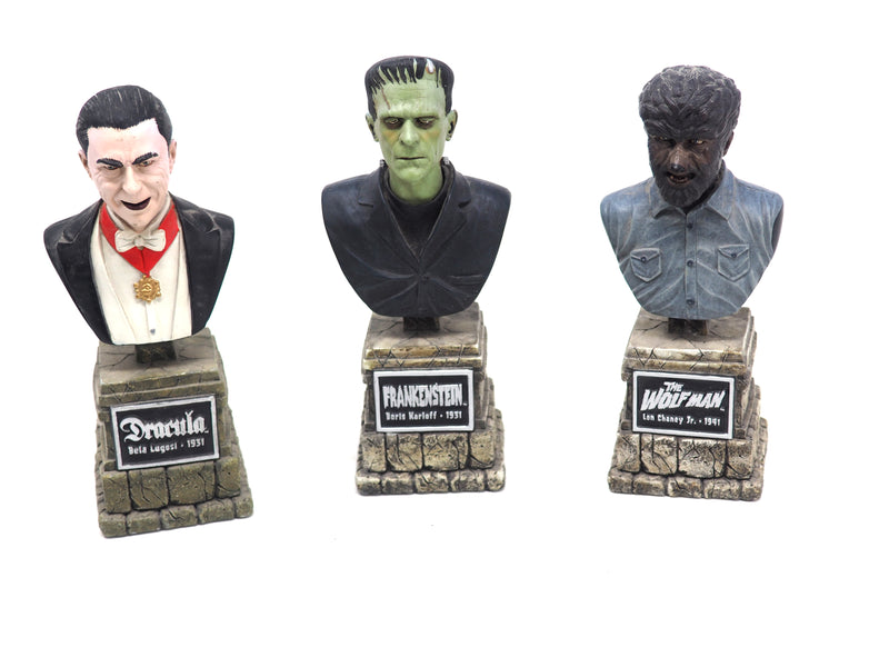 Set of 3 Universal Sideshow 2004 Busts of Dracula, The Wolf Man, & Frankenstein