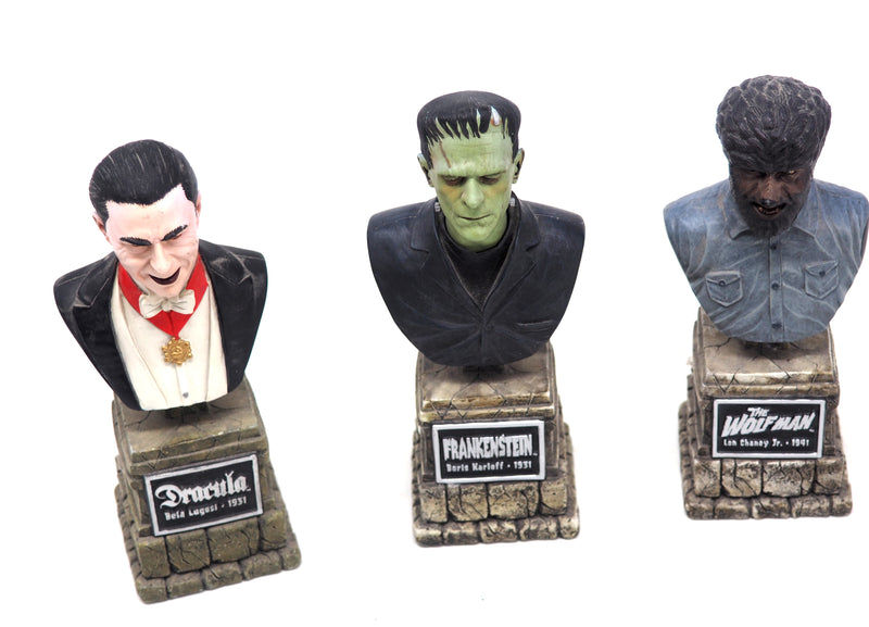 Set of 3 Universal Sideshow 2004 Busts of Dracula, The Wolf Man, & Frankenstein